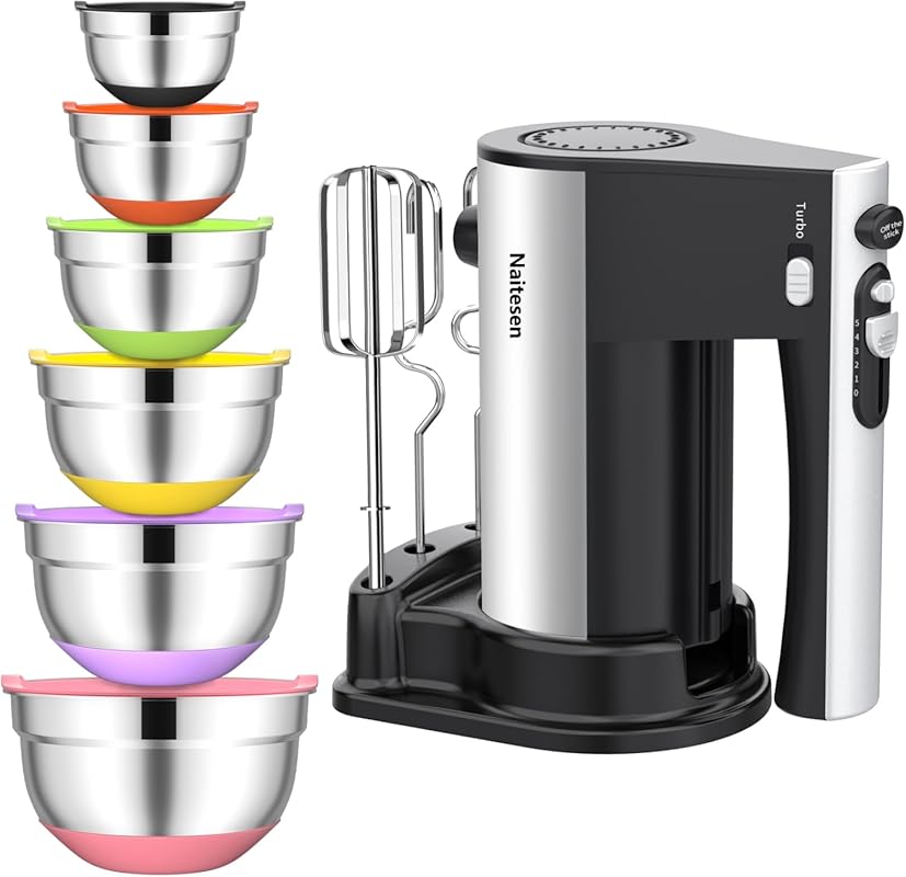 Powerful 600W Electric Hand Mixer & 6 Stainless Steel Mixing Bowls Set