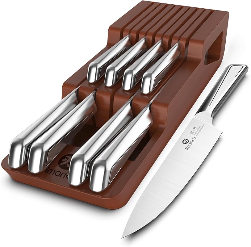 imarku 10-Piece Japanese Stainless Steel Knife Block Set with Wooden D