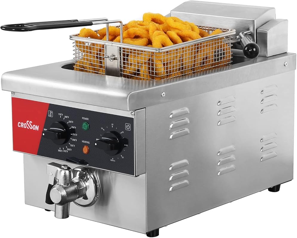 CROSSON 6L Commercial Electric Countertop Deep Fryer with Drain, Timer