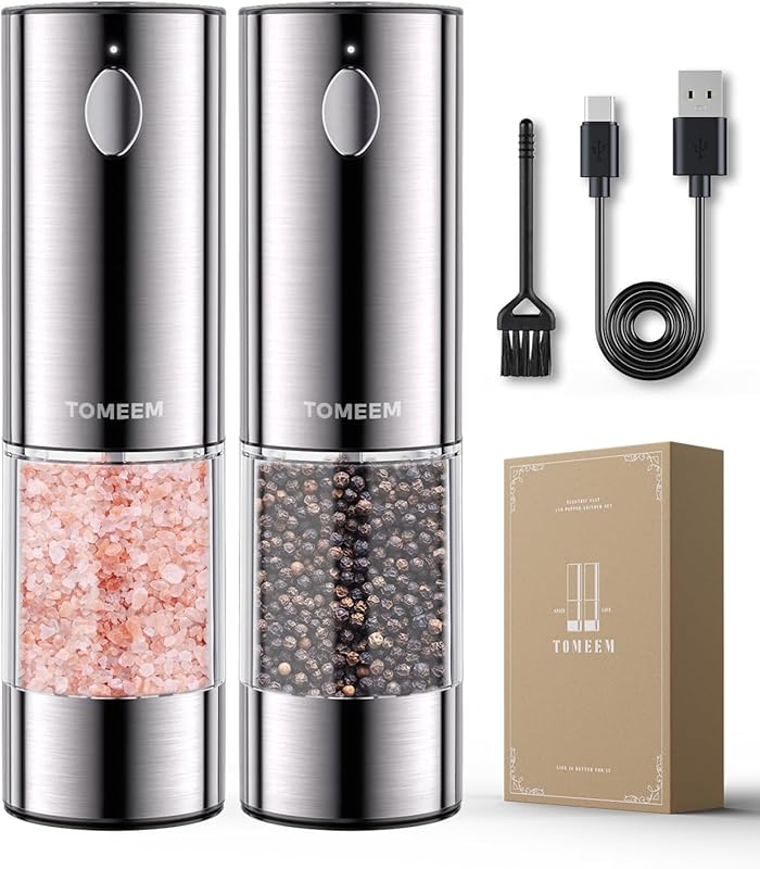 TOMEEM Large Rechargeable Automatic Stainless Steel Salt & Pepper Grin