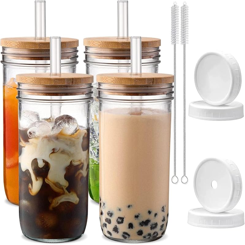DANWEITESI 4 Pack 24oz Glass Cups with Lids & Straws for Boba, Smoothi
