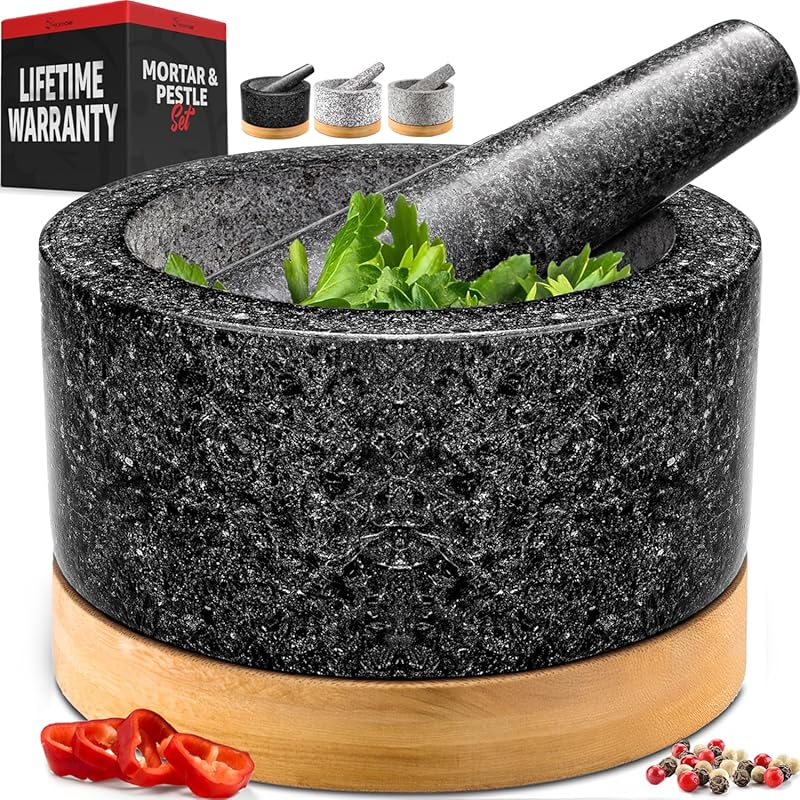 PriorityChef Heavy Duty 2-Cup Mortar and Pestle Set, Black Granite wit