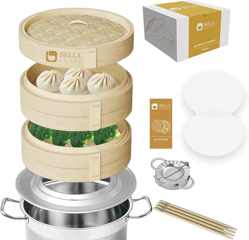 11-Inch 2-Tier Bamboo Steamer Basket Kit: Lid, Chopsticks, Silicone Li