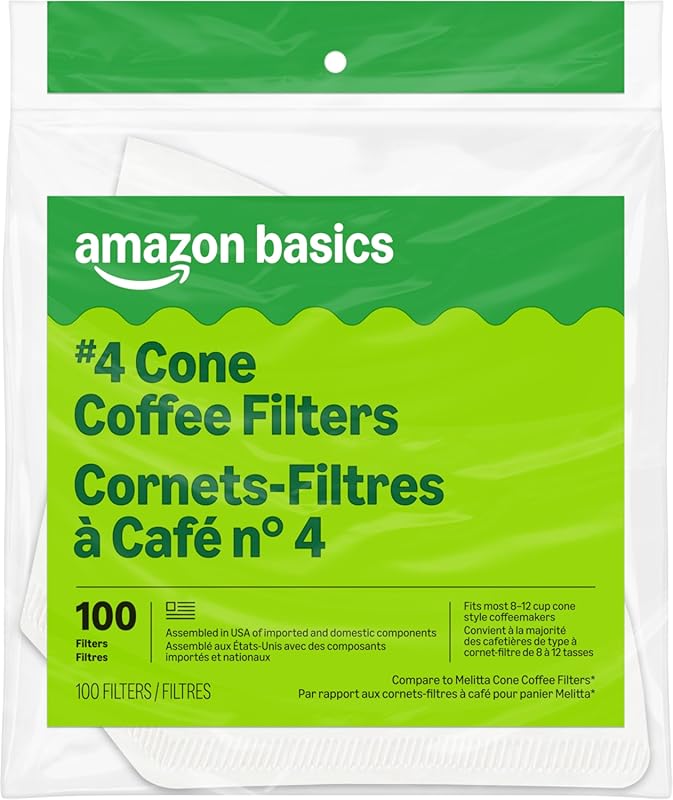 Amazon Basics #4 Cone Coffee Filters, White, 100 Count, Compatible wit