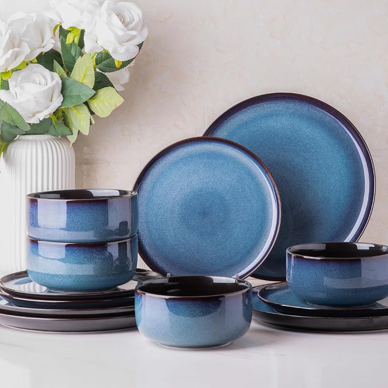 LeRatio Ceramic Dinnerware Set for 4, Handmade Reactive Glaze, Porcela