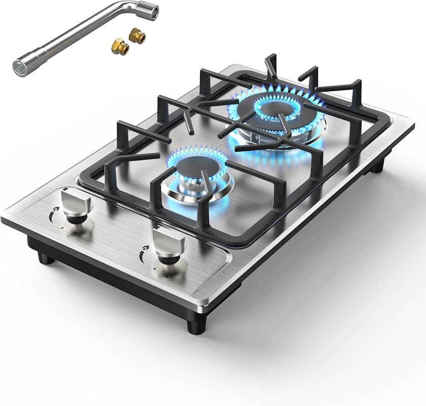 Nafewin 12-inch 2-Burner LPG/NG Dual Fuel Gas Cooktop, Stainless Steel