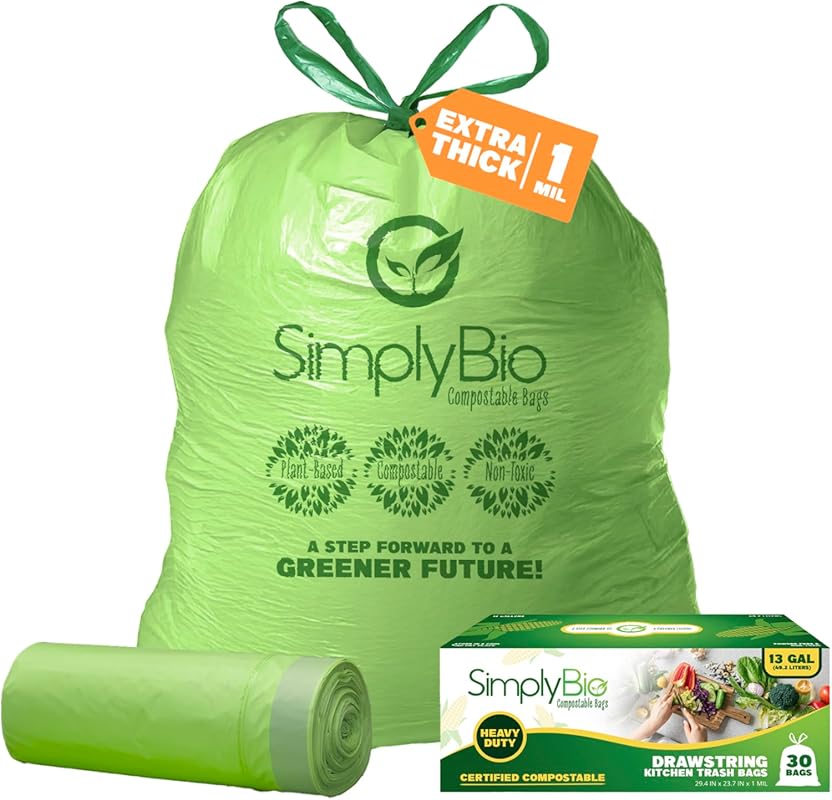 Simply Bio 13 Gallon Compostable Drawstring Trash Bags, Heavy Duty 1 M