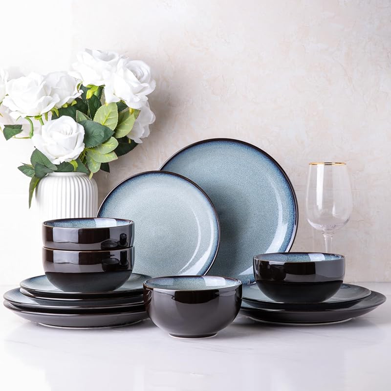 LERATIO Ceramic Dinnerware Set for 4, Stoneware Coupe Plates & Bowls,