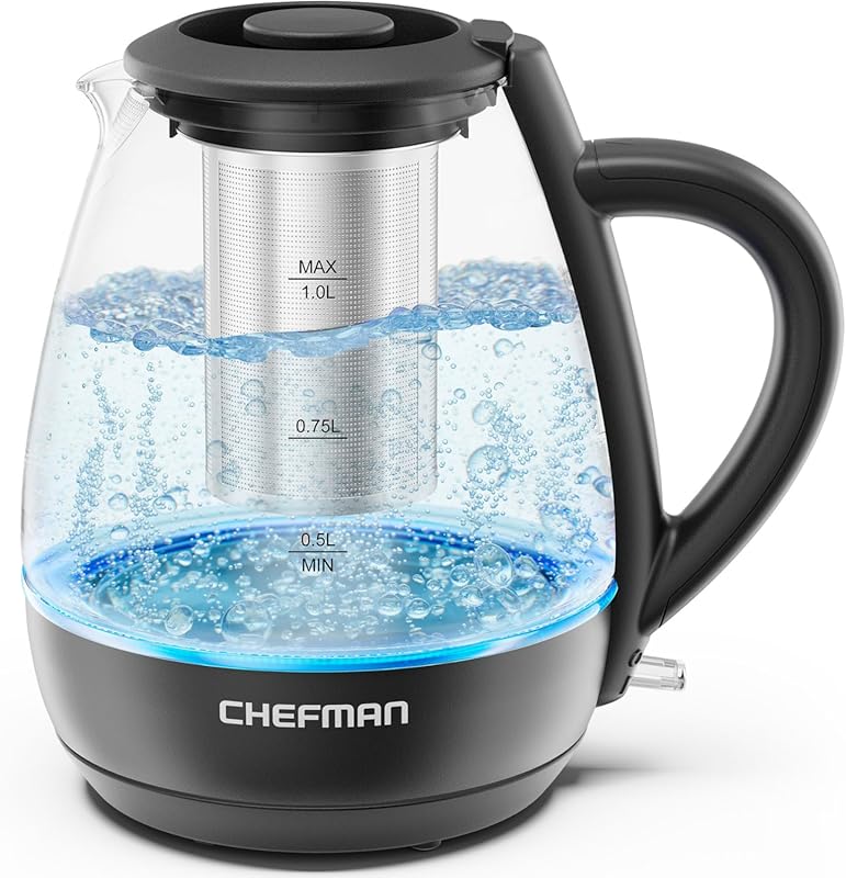 Chefman Compact Electric Kettle with Tea Infuser, 1L, 1500W, BPA Free,