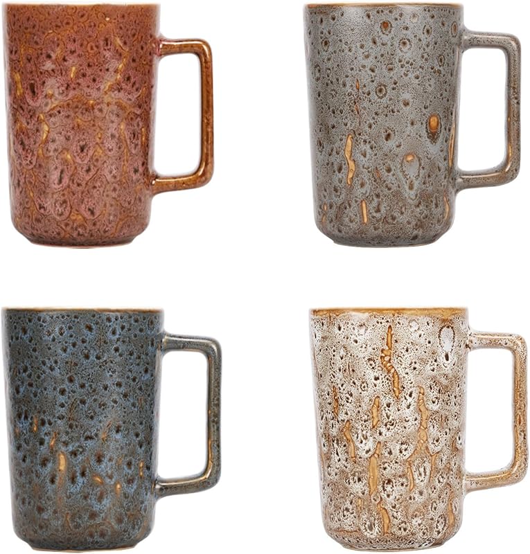 QUTREY Large 15 oz Ceramic Coffee Mugs, Set of 4 with Handle, Rock Mag