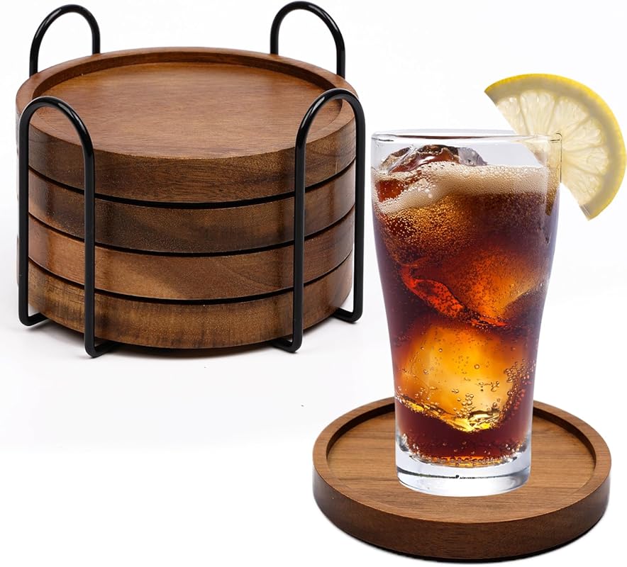 4 Pcs Wooden Drink Coasters with Holder, Absorbent Set for Coffee Tabl