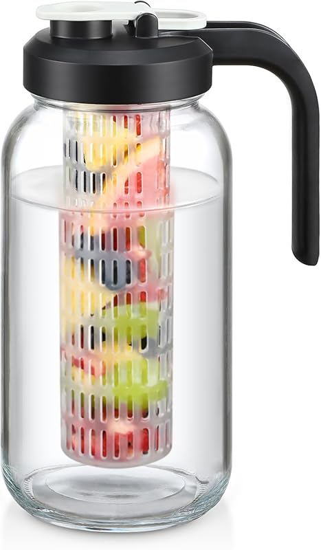 Heavy Duty 2 Quart Mason Jar Glass Fruit Infuser Water Pitcher, Leak-P