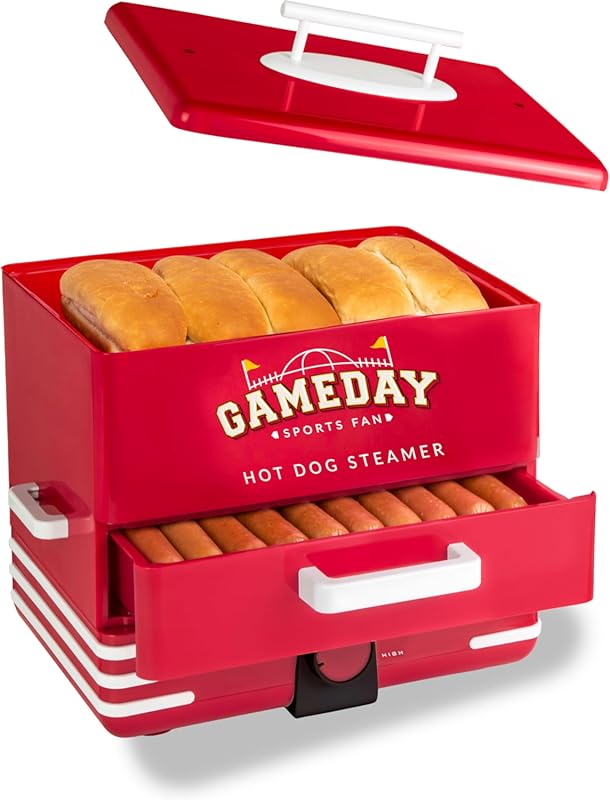 Nostalgia Game Day Hot Dog Steamer & Bun Warmer, 20-Dog Capacity, Stea