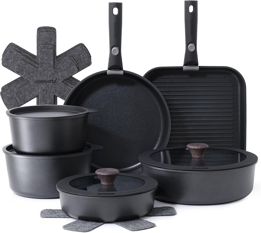 SENSARTE 17-Piece Nonstick Cookware Set with Detachable Handle, Induct