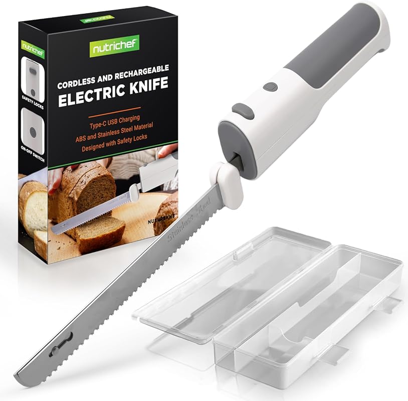 NutriChef Cordless Electric Knife with Safety Button & Contoured Grip 