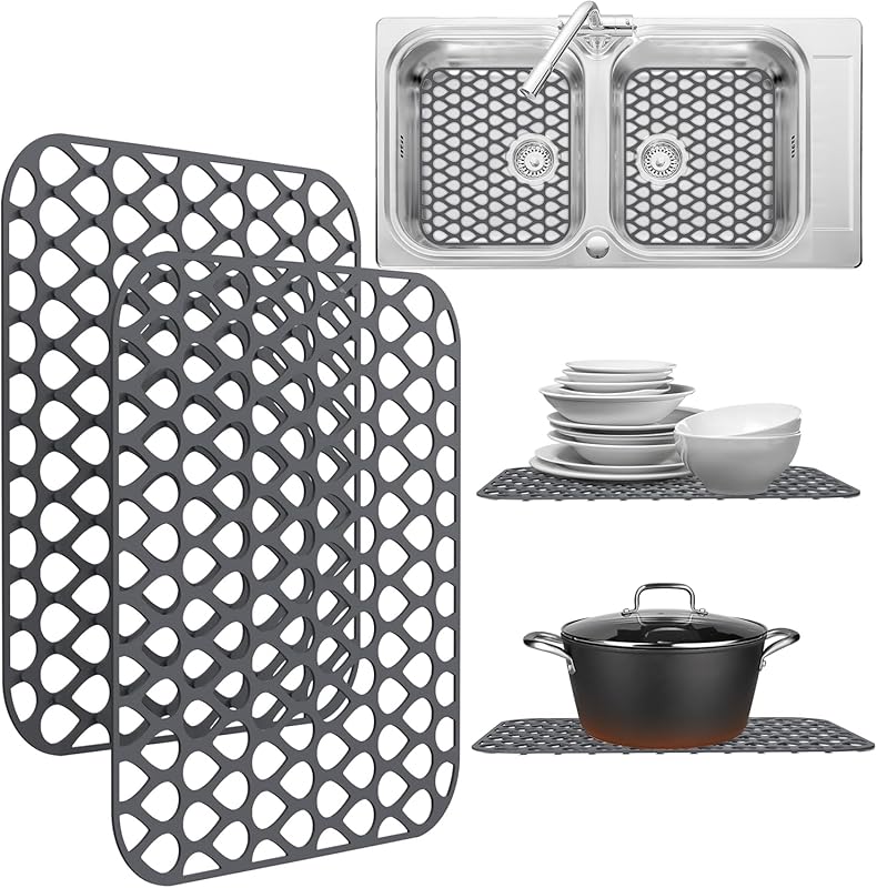 Gray Silicone Sink Protectors, 2 Pack Heat-Resistant Kitchen Sink Mat,