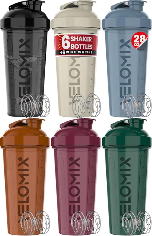 VELOMIX 6 Pack 28oz Leak Proof Protein Shaker Bottles with Wire Whisk,