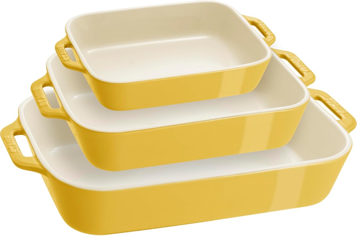 Staub 3-Piece Rectangular Ceramic Baking Dish Set, Citron, for Oven-Sa