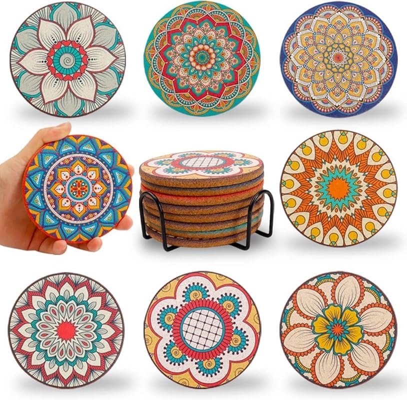 8 Pcs Colorful Round Cork Drink Coasters with Holder, Cute Bar & Farmh