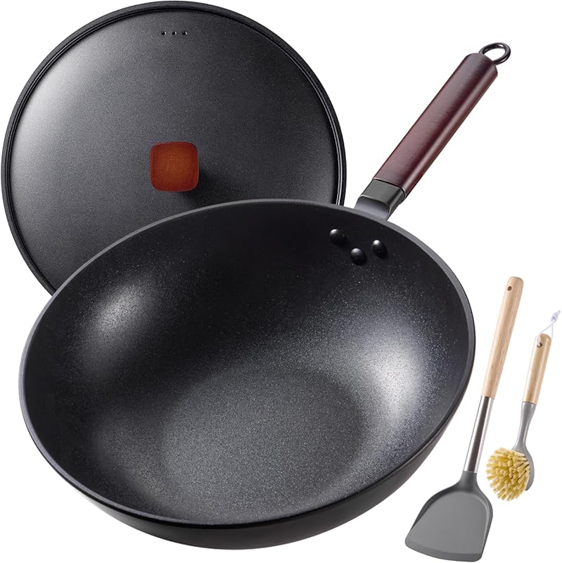 13-Inch Carbon Steel Wok Pan: Pre-Seasoned Nonstick Flat Bottom with L