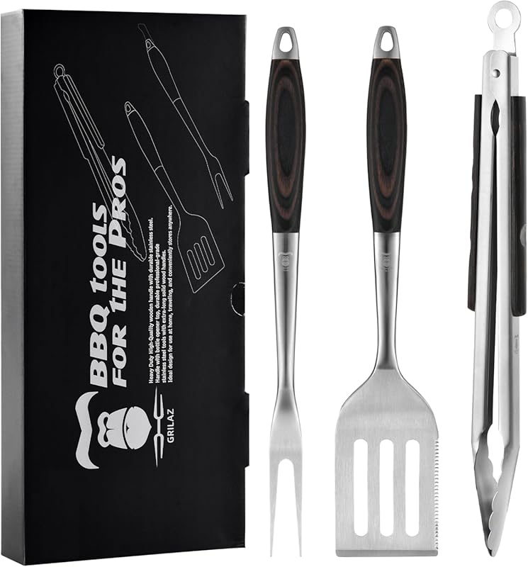 Heavy Duty Stainless Steel 3-Piece BBQ Tool Set with Dark-Dyed Wood Ha