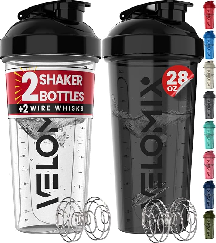 VELOMIX 2 Pack 28oz Leak Proof Protein Shaker Bottles with Wire Whisk 