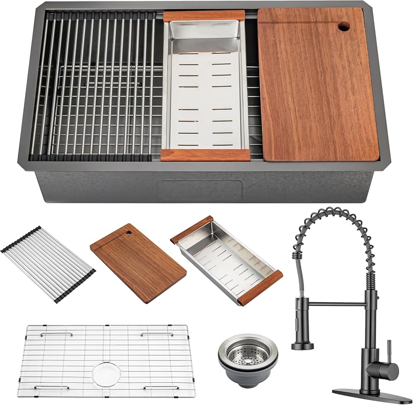 Gunmetal Black 33 Inch Stainless Steel Single Bowl Kitchen Sink, Drop-