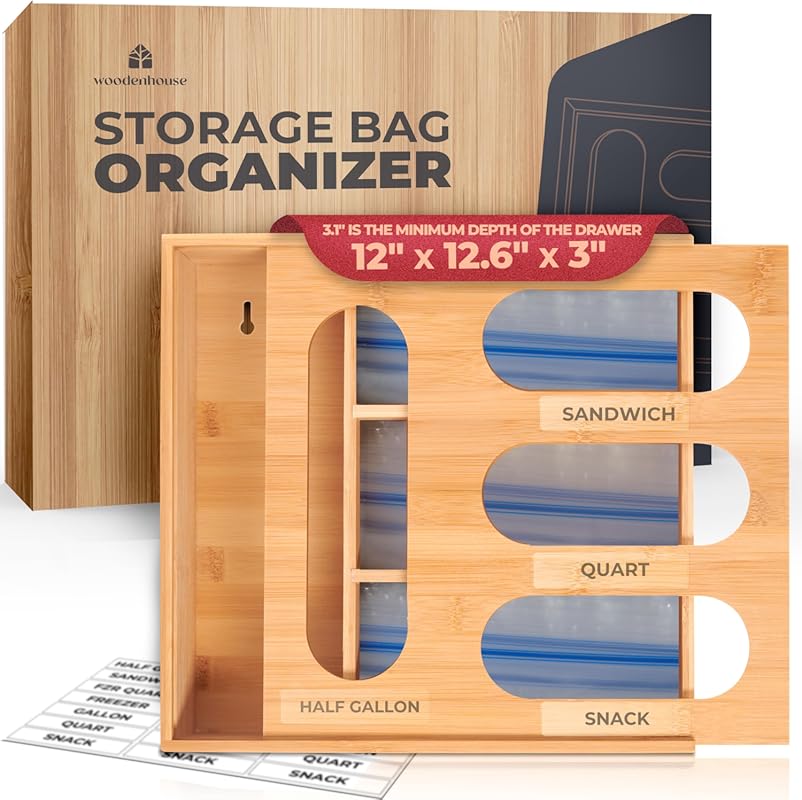 Bamboo Single Block Bag Organizer for Kitchen Drawer; Quick Refill Sli