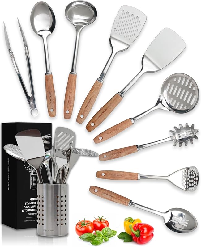 Home Hero Stainless Steel Kitchen Utensils Set with Wood Handles, Nons