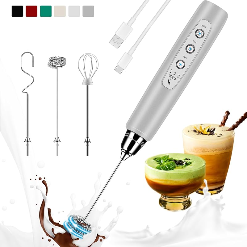 Rechargeable Handheld Milk Frother Wand: Electric Drink Mixer with 3 D