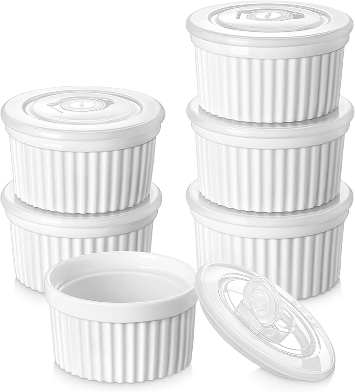 vancasso 8 oz Porcelain Ramekins with Lids – Set of 6 White, Oven & Di