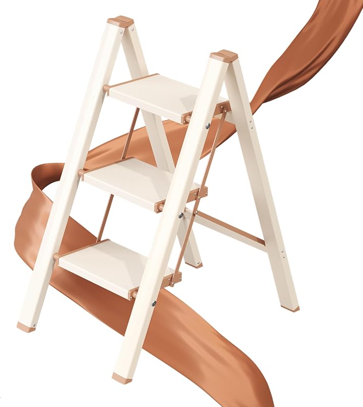 GameGem 3 Step Folding Ladder Stool, Sturdy Aluminum, Wide Anti-Slip P