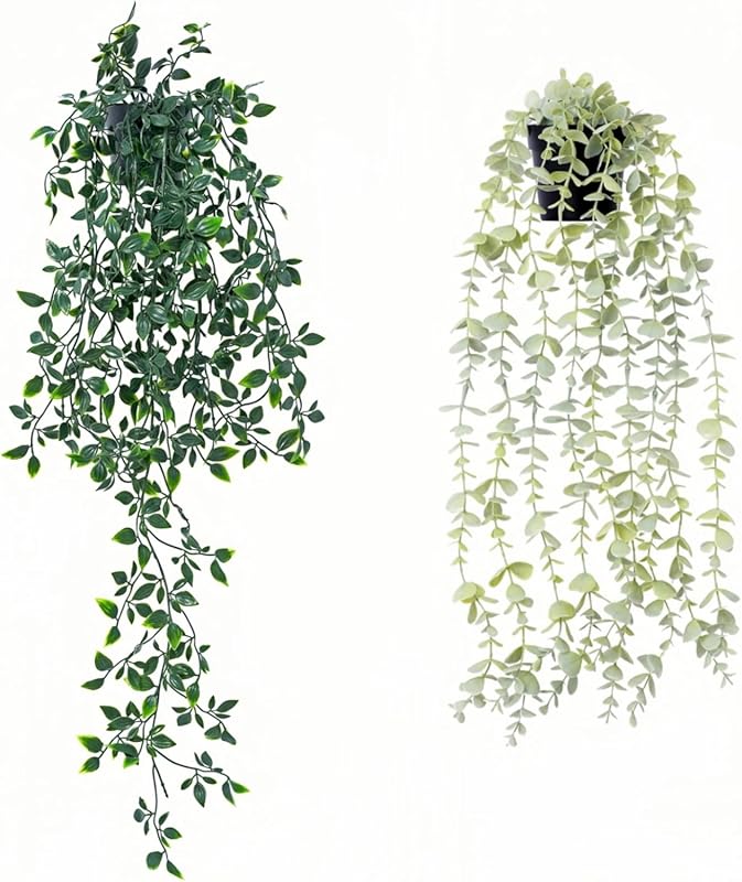 2 Pcs Fake Hanging Potted Eucalyptus Plants, Artificial Vintage Boho G