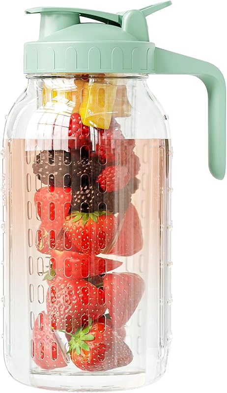 64oz Glass Mason Jar Fruit Infuser Pitcher, Wide Mouth with Pour Spout