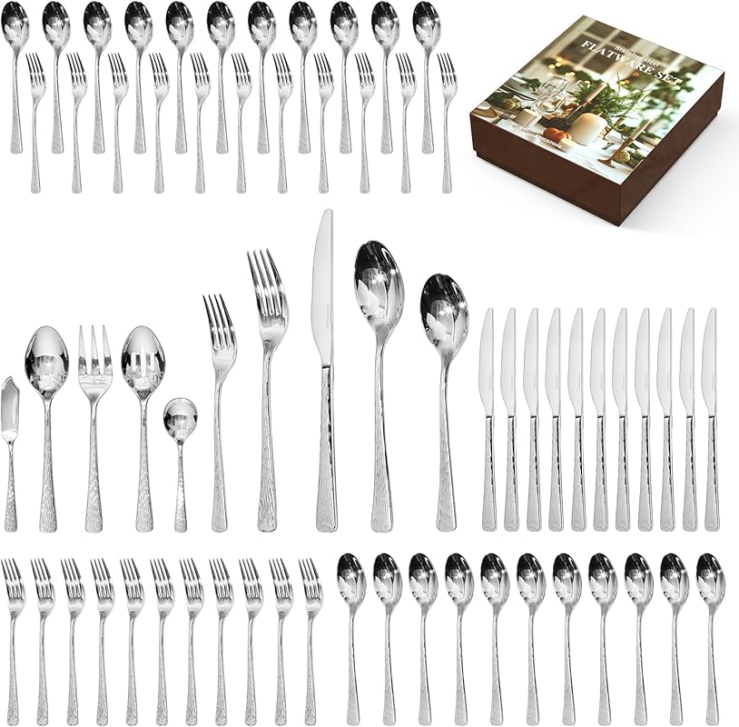 KINGSTONE 65-Piece Hammered Silverware Set, 18/10 Stainless Steel Flat