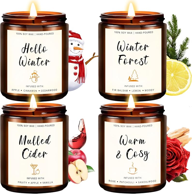 4 Pack Winter Scented Soy Candle Set, 28oz Total, Holiday Gifts with A