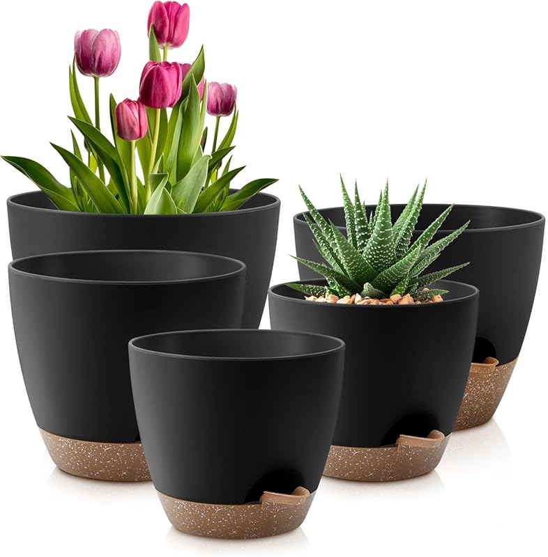 Set of 5 Self-Watering Plastic Planters with Drainage, Saucers, Black 