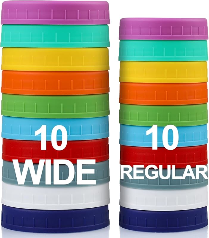 AOZITA 20-Pack Plastic Mason Jar Lids: 10 Wide & 10 Regular Mouth, Lea