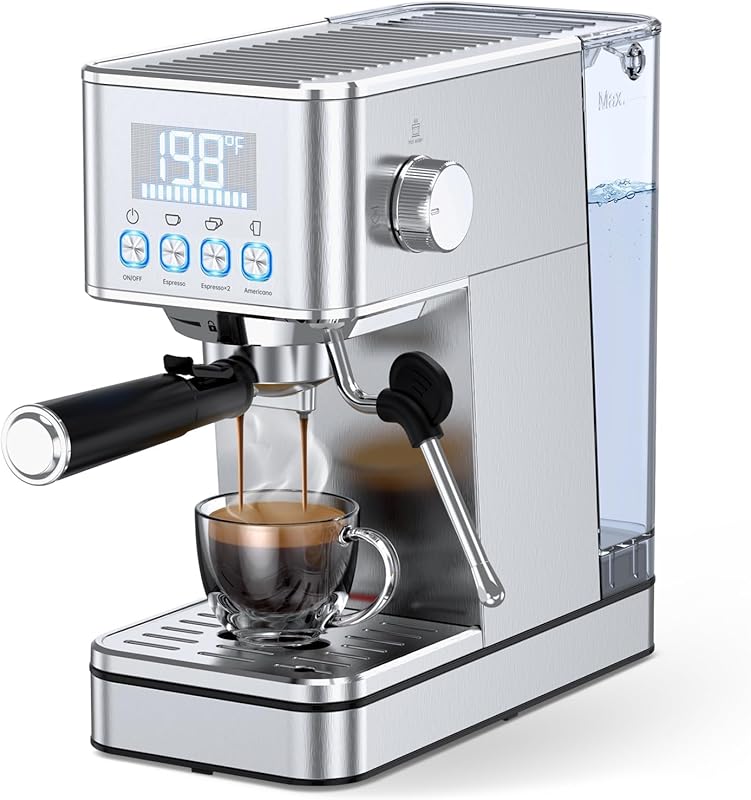 Compact 20 Bar Stainless Steel Espresso Machine with Milk Frother, Tem