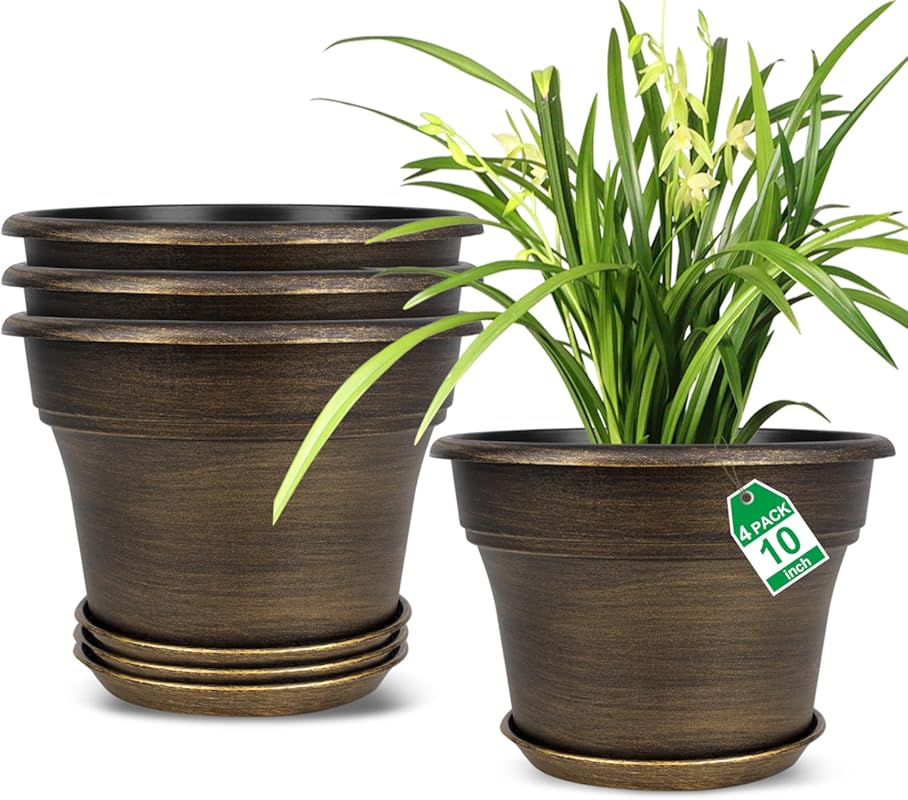 4 Pack 10-inch Dark Gold Resin Planters with Drainage & Saucers for In