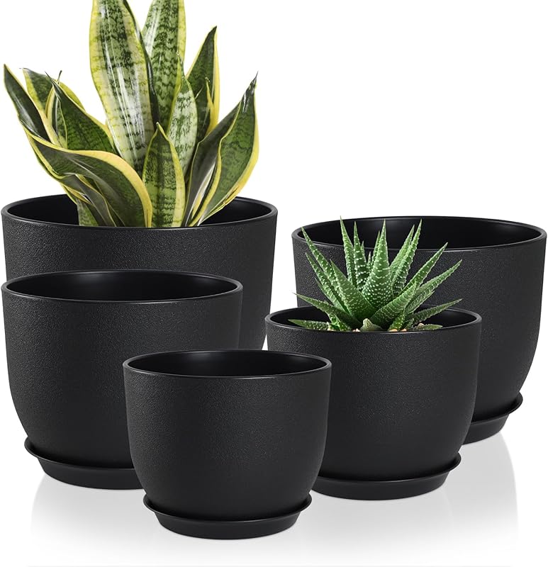 Set of 5 Black Large Planters with Multi Mesh Drainage for Indoor Outd