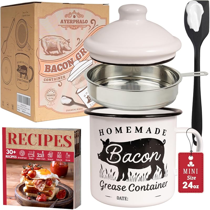 24oz Enamel Rustic Farmhouse Bacon Grease Container with Strainer, Sil