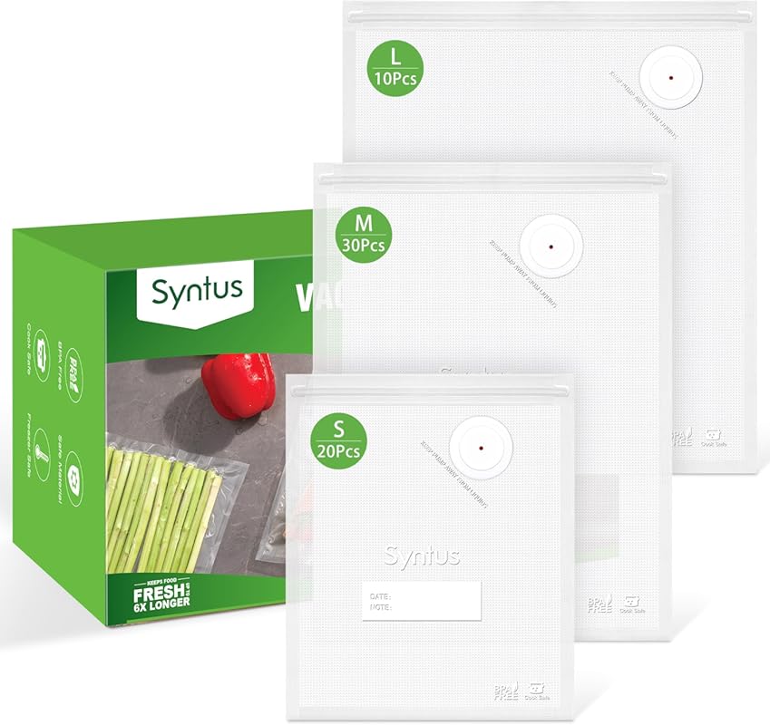 Syntus Vacuum Sealer Bags, 60-Piece Assorted (S/M/L) with Air Valve fo