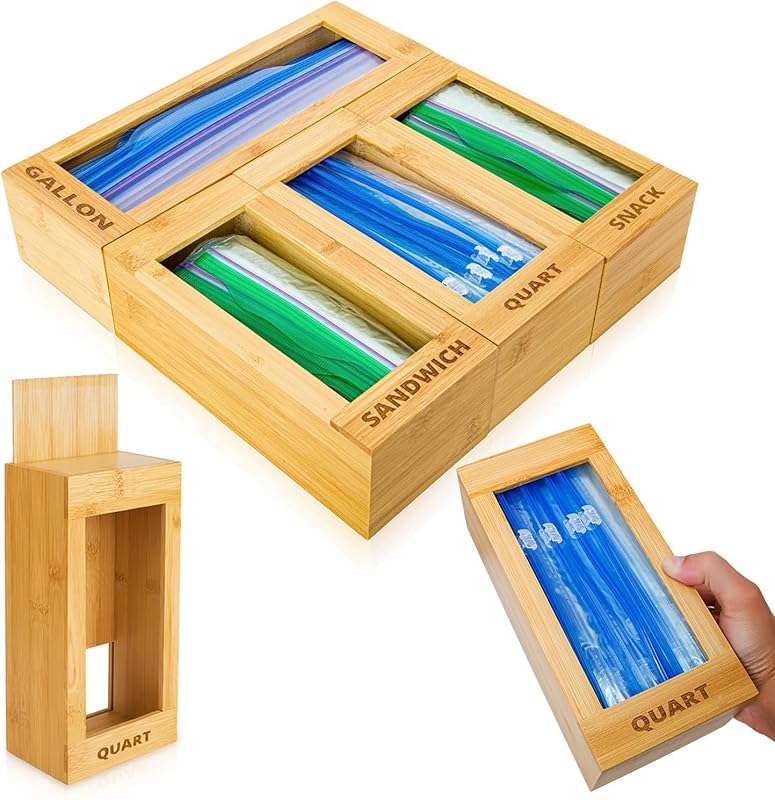 mHomeAid Bamboo Bag Organizer for Kitchen Drawer: Dispenses Gallon, Qu