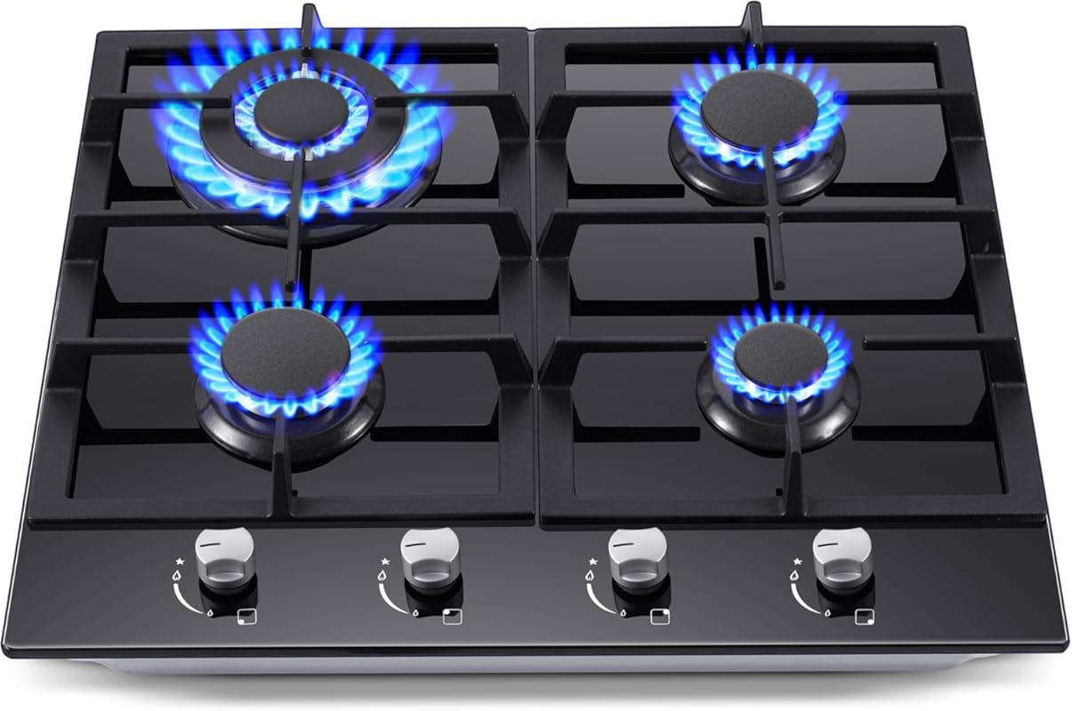 Amzgachfktch 24-inch Built-in Gas Cooktop, 4 Burner, Black Tempered Gl