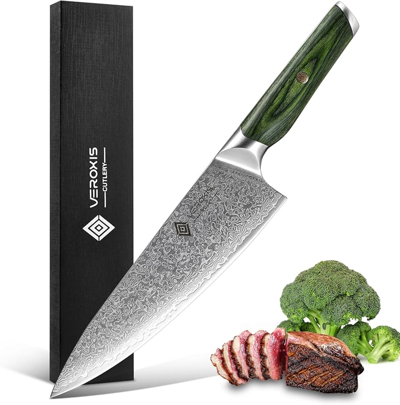 VEROXIS 8-Inch Damascus Chef Knife, Professional Japanese High Carbon 