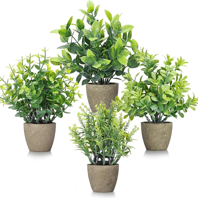 4 Pack Ceramic Mini Artificial Potted Greenery Plants for Indoor Home,