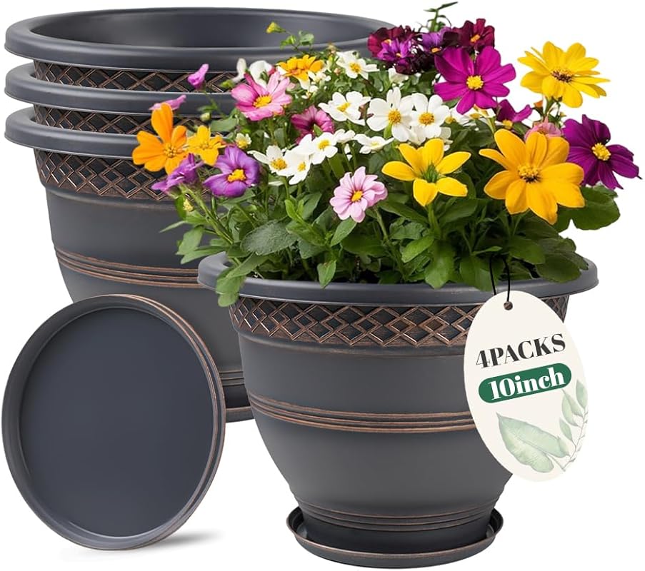 4 Pack 10-inch Plastic Plaid Pattern Planters with Drainage, Saucer, I