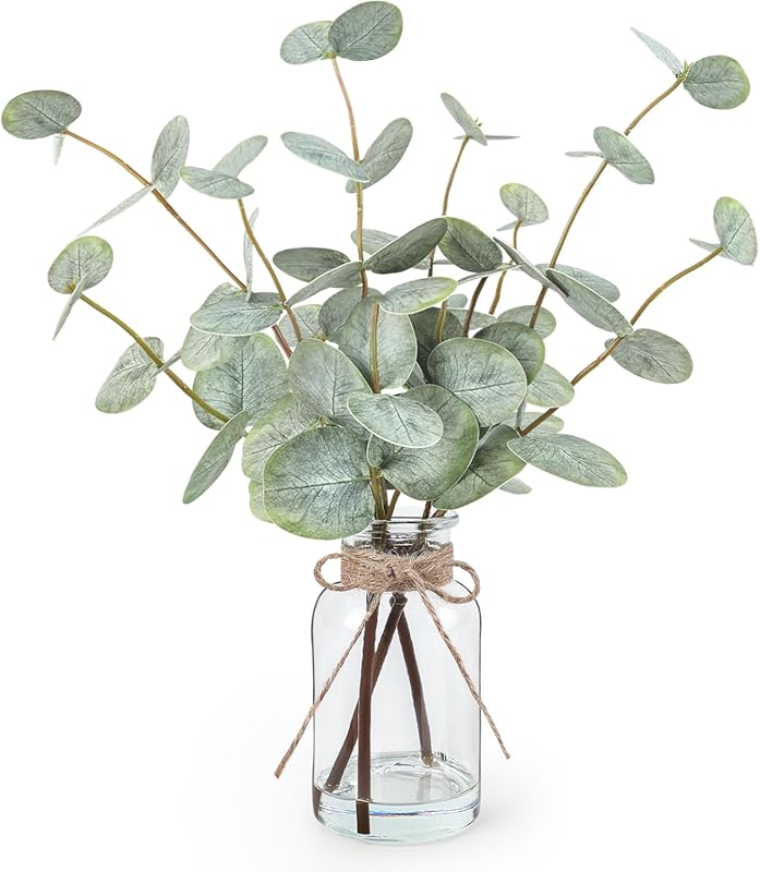 13.5" Artificial Eucalyptus Stems in Glass Vase with Faux Water, Fake 