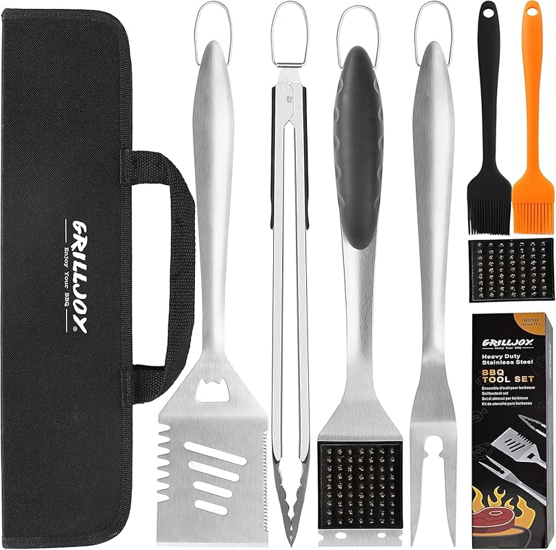 grilljoy 8-Piece Extra Thick Stainless Steel BBQ Grill Tools Set with 